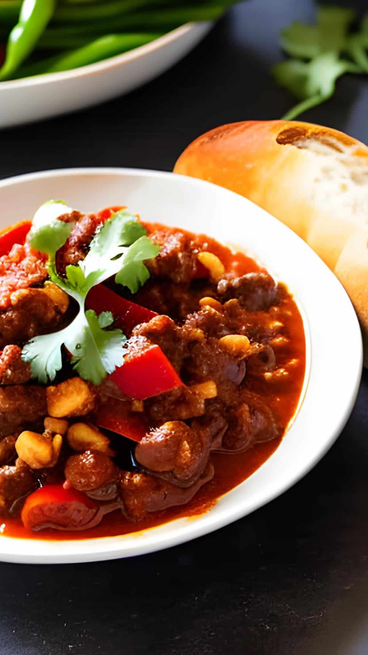 Ein Teller mit Chili con Carne. Darüber ein Stück Baguette.