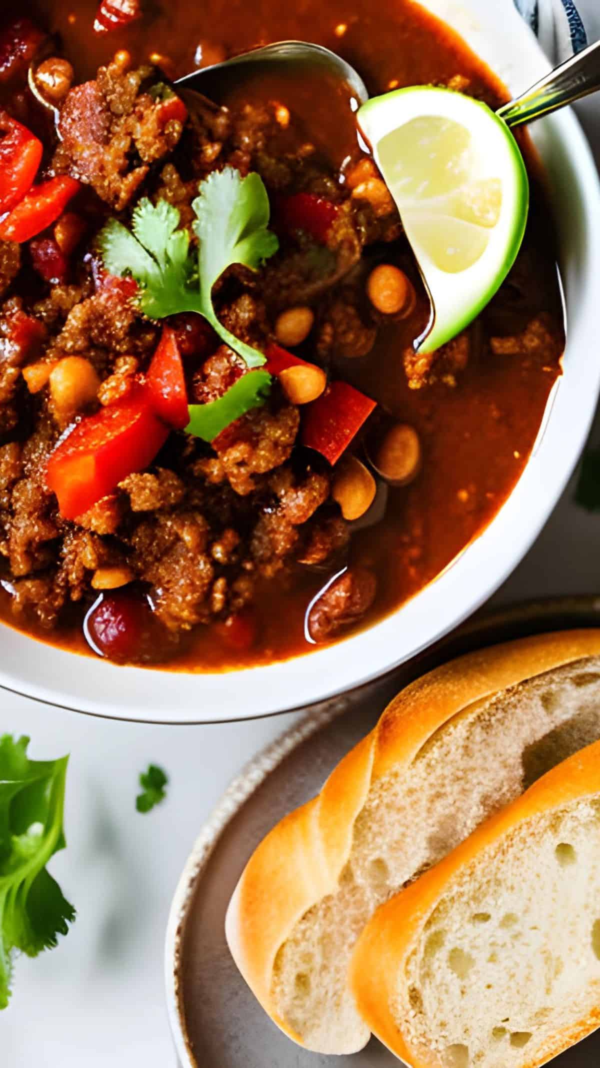 Ein Teller mit Chili con Carne und einem Limettenstück. Daneben Baguette-Scheiben.