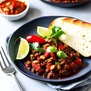 Ein Teller mit Chili con Carne und einem Stück Baguette.