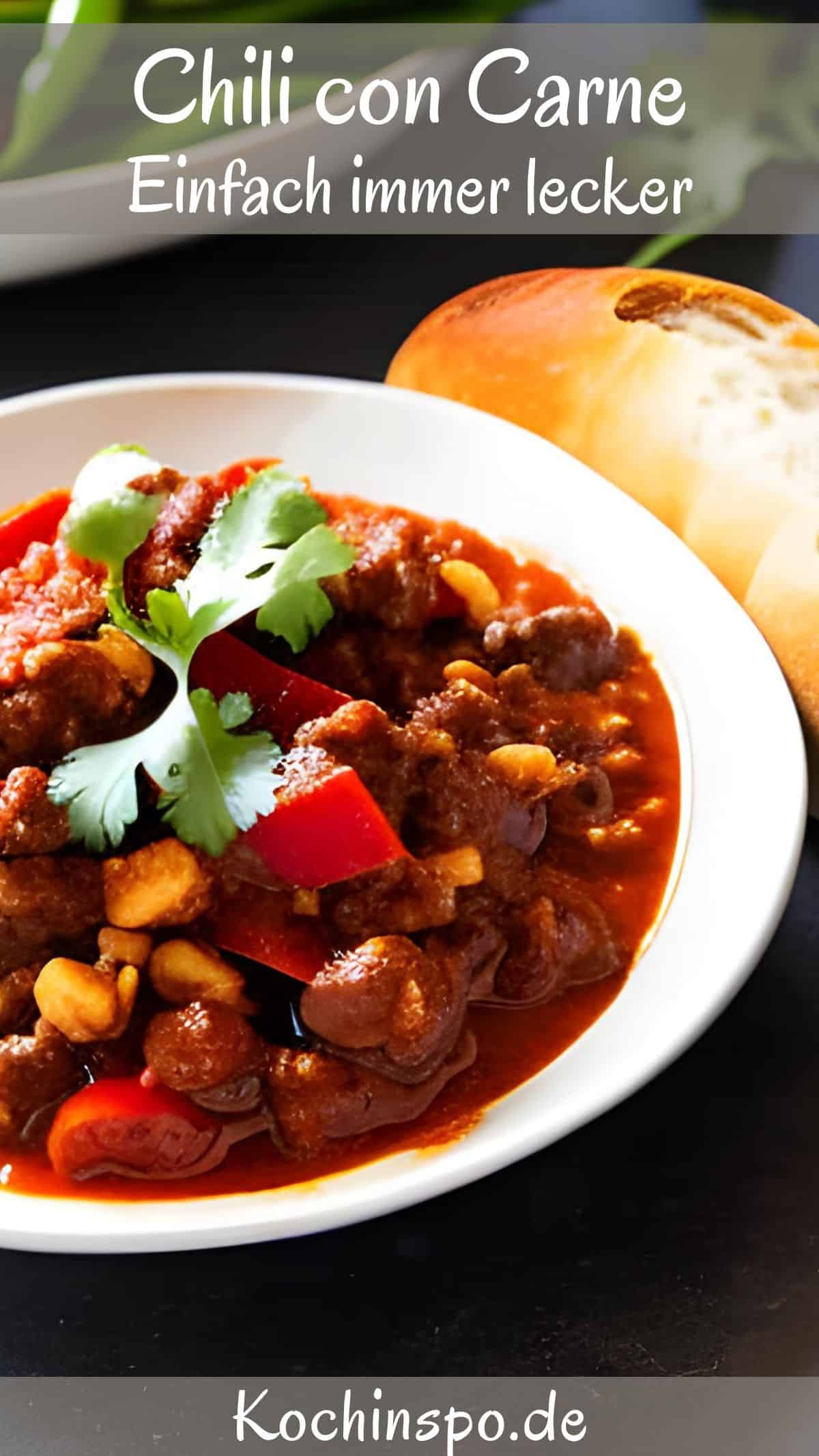 Ein Teller mit Chili con Carne und einem Stück Baguette.