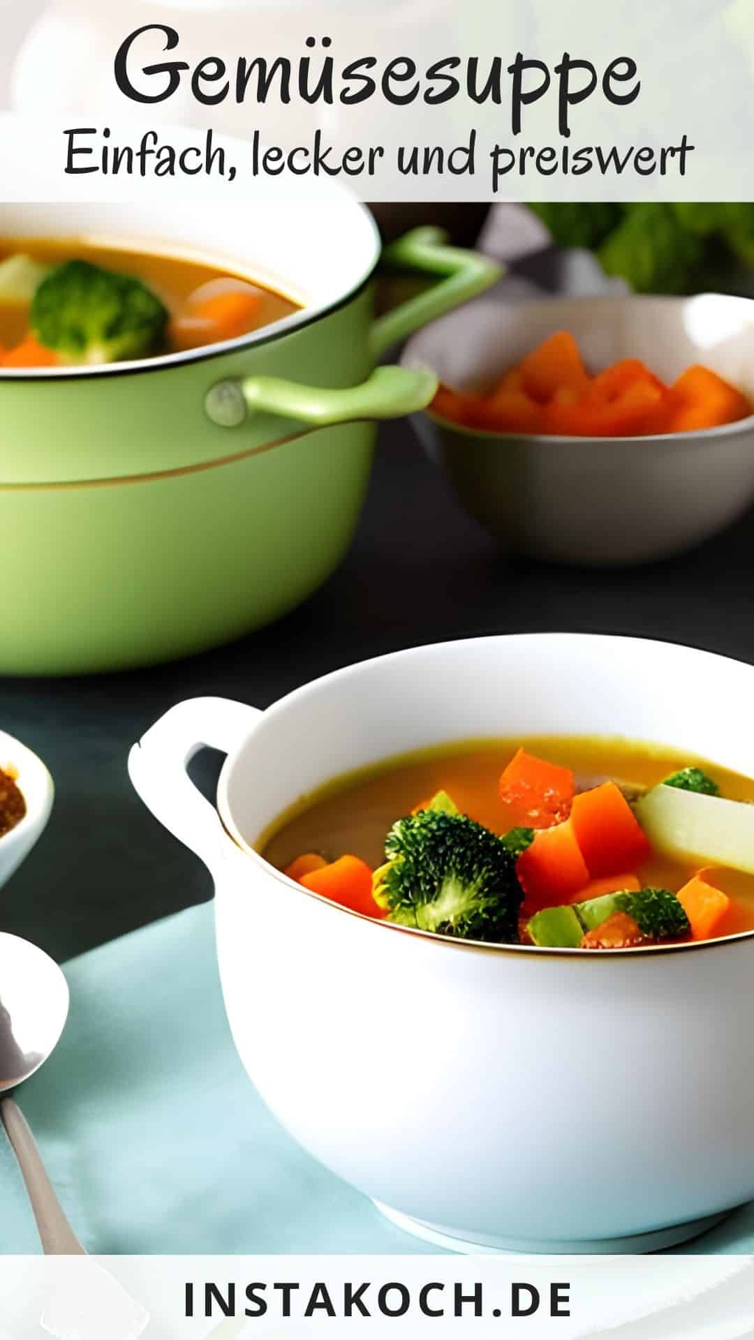 Eine Suppenterrine mit Gemüsesuppe. Im Hintergrund ein Topf mit Gemüsesuppe.