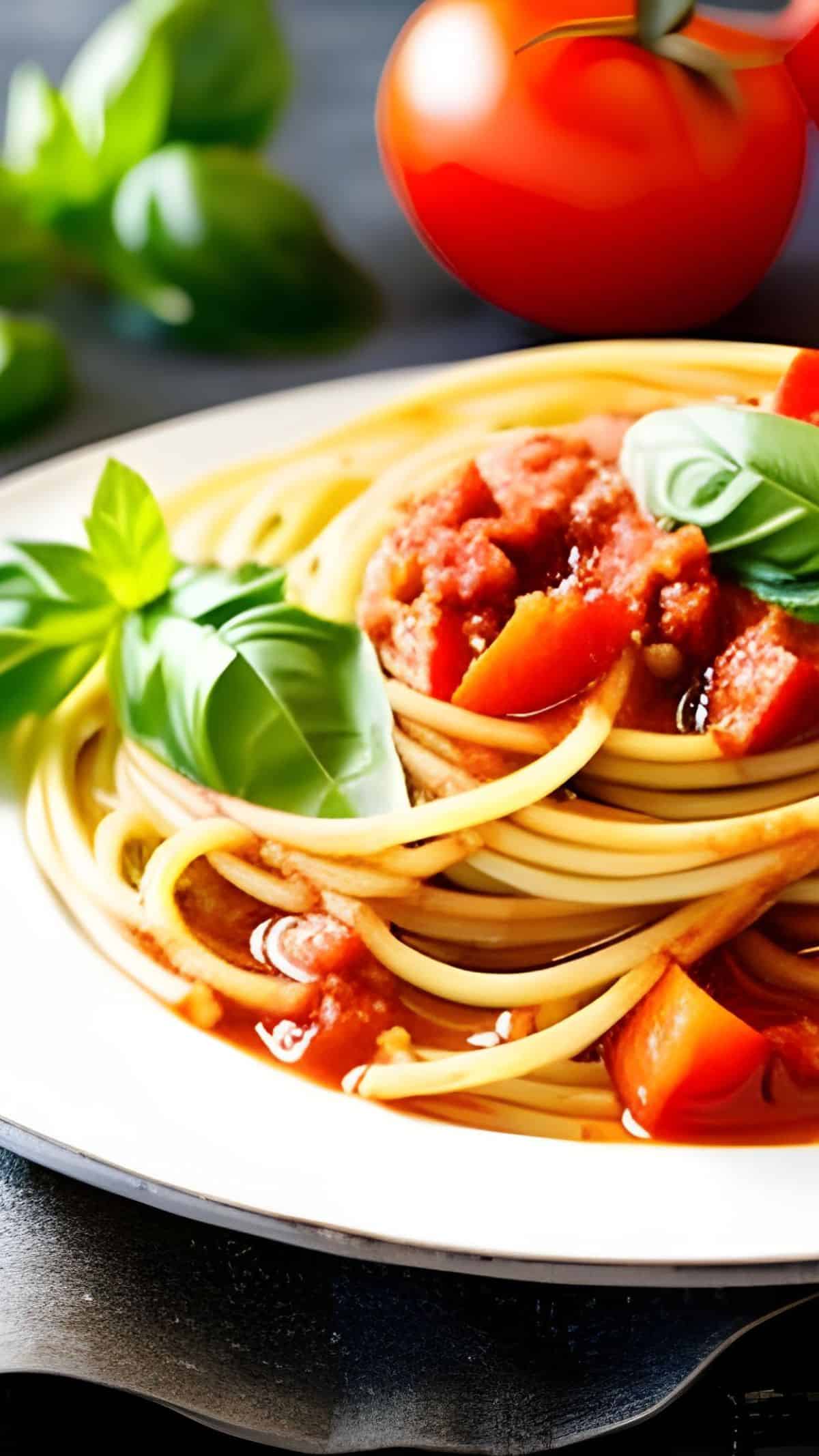 Eine Nahaufnahme von einem Teller Nudeln mit Tomatensauce, mit Tomatenstücken und Basilikum.