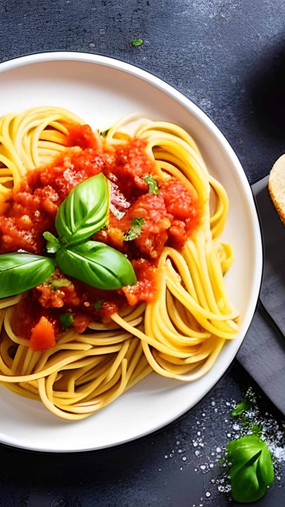 Eine Nahaufnahme von einem Teller Nudeln mit Tomatensauce und Basilikum.