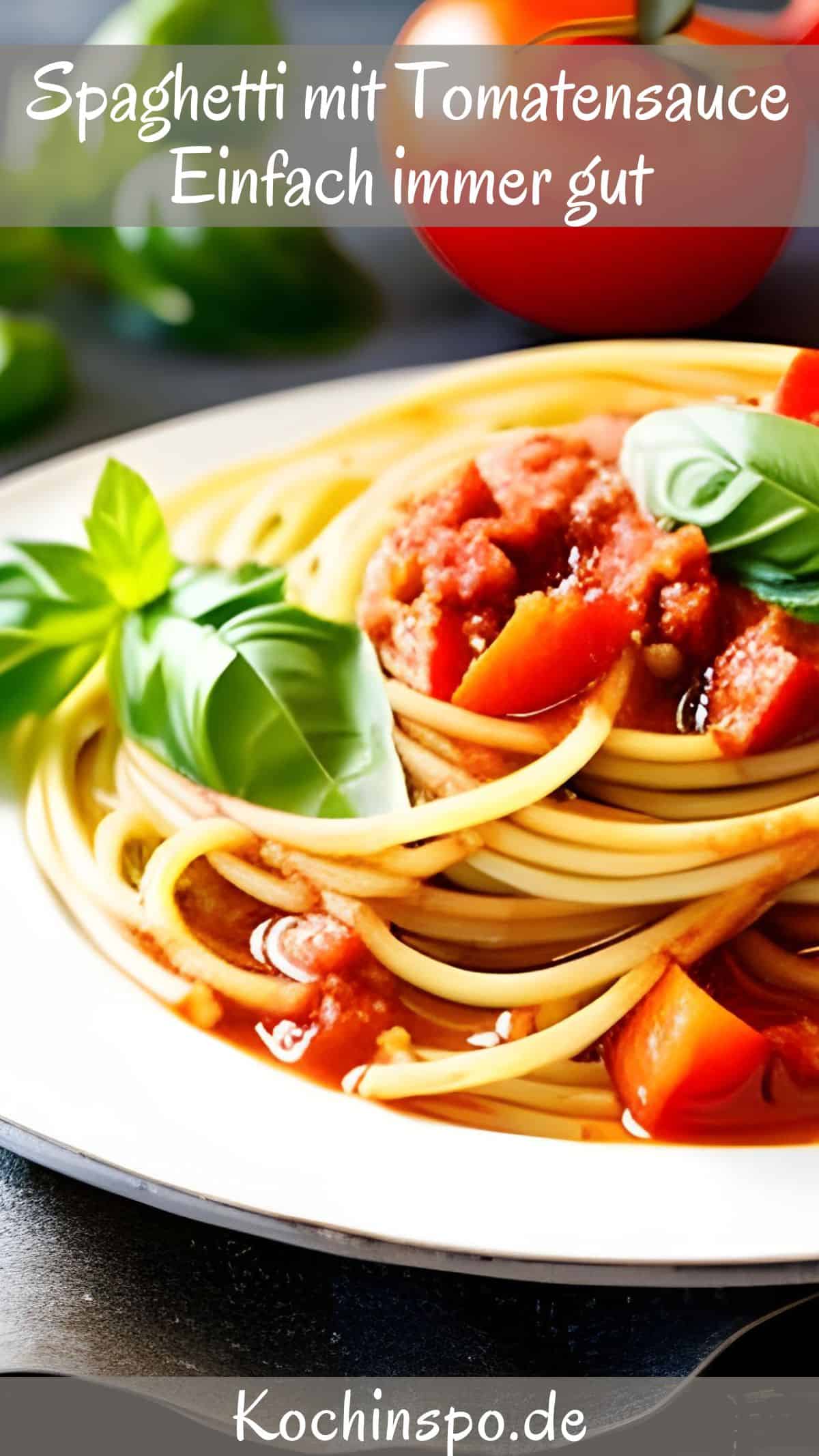 Eine Nahaufnahme von einem Teller Nudeln mit Tomatensauce, mit Tomatenstücken und Basilikum.