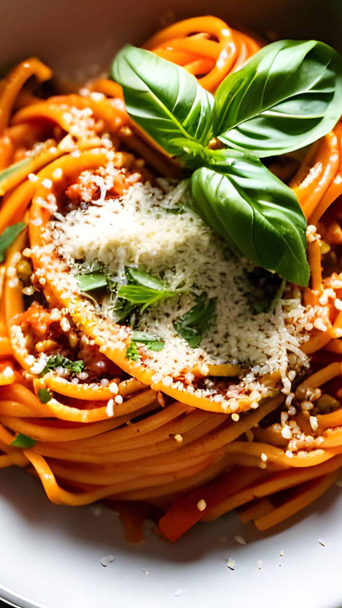 Eine Nahaufnahme von einem tiefen, weissen Teller mit Gemüse-Bolognese und Spaghetti.