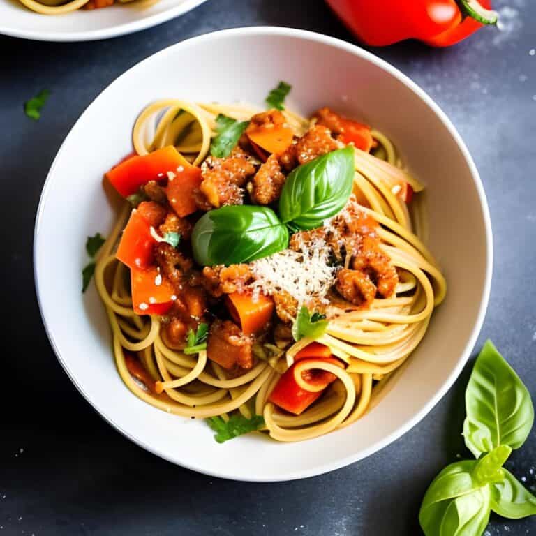 Ein tiefer, weisser Teller mit Gemüsebolognese und Spaghetti.