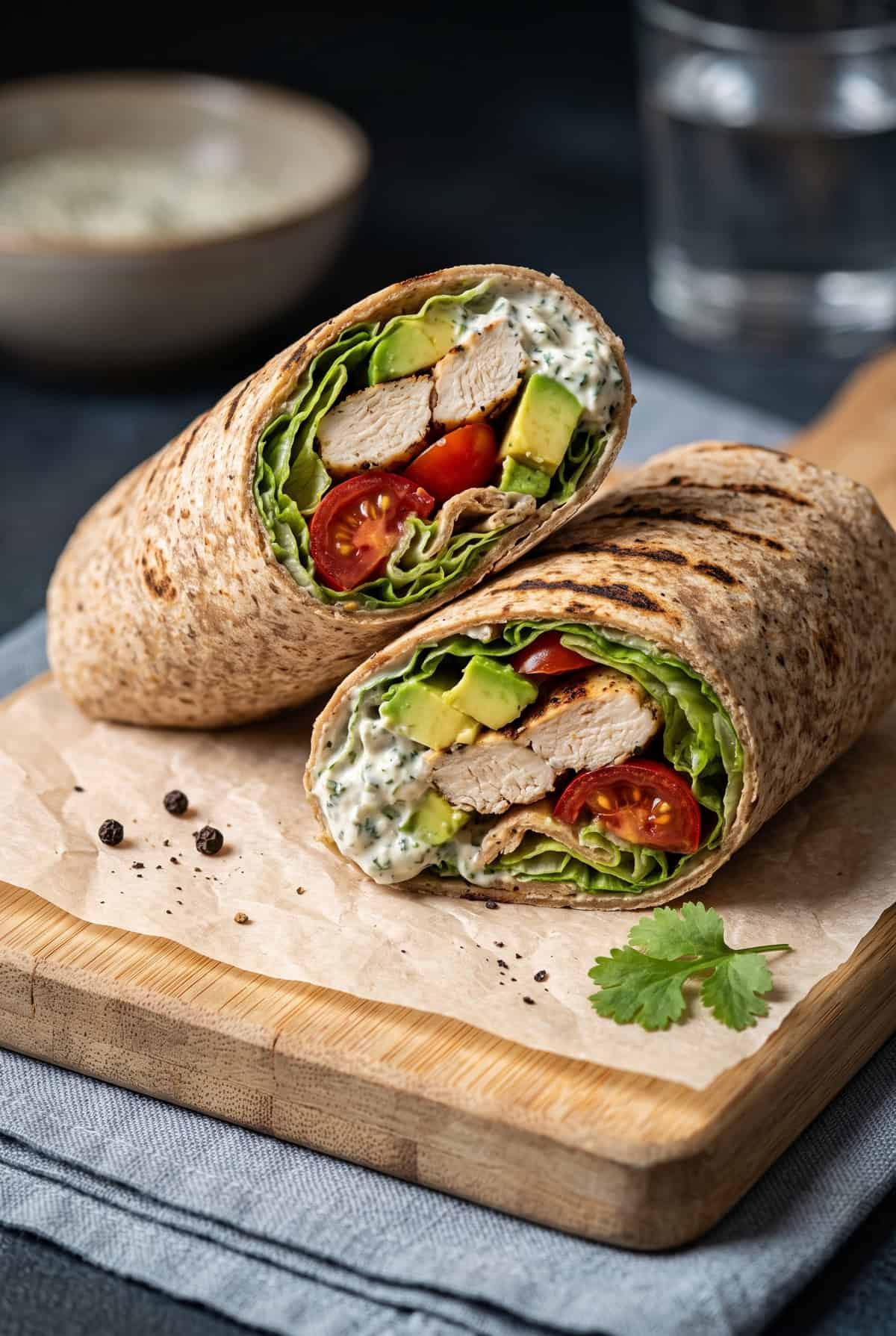 Zwei halbierte, knusprige Hähnchen-Wraps mit Gemüse und Avocado auf einem Holzbrett als schnelles Abendessen.