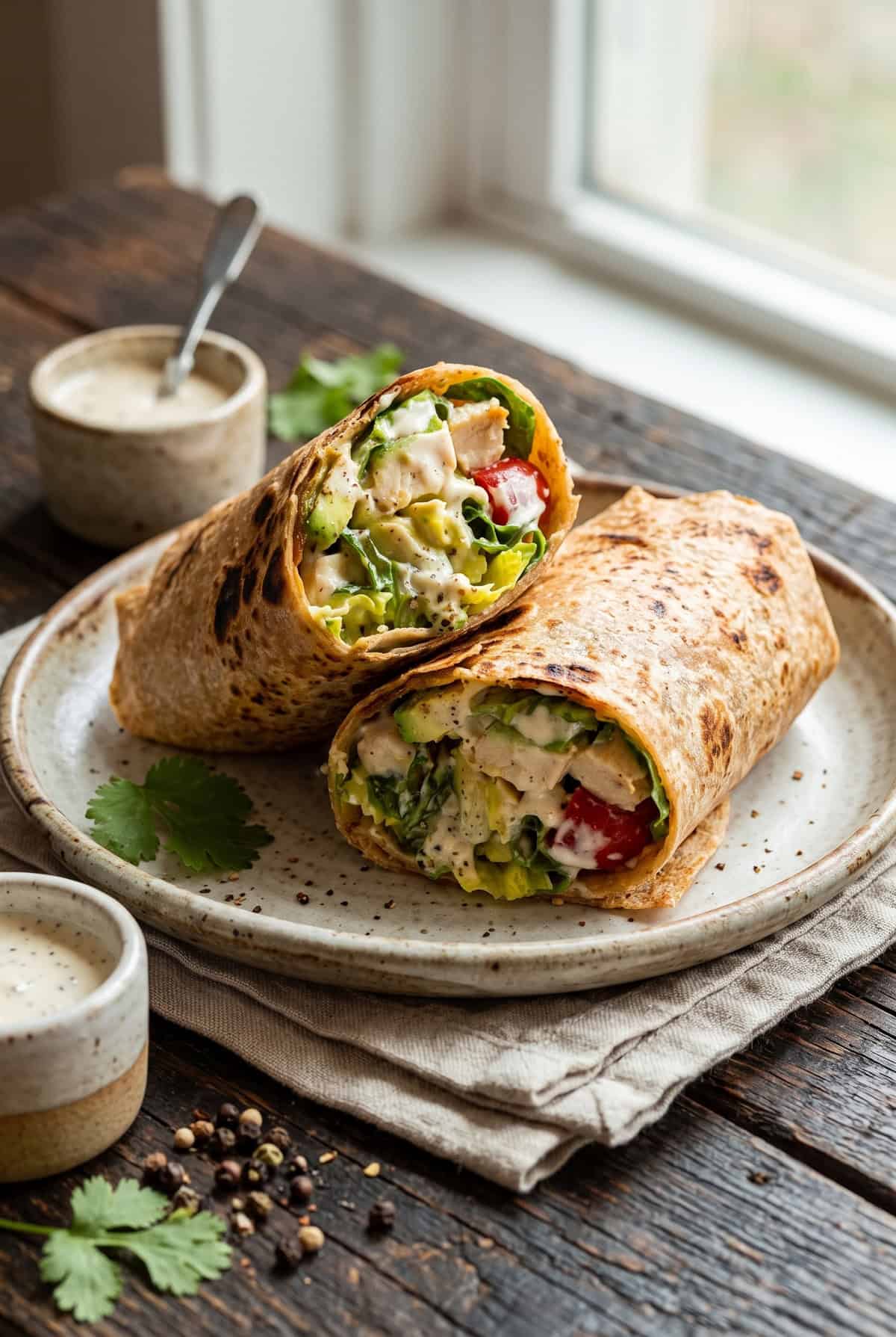 Zwei aufgeschnittene Hähnchen-Wraps gefüllt mit Hähnchenbrust, knackigem Gemüse und Soße auf einem Teller.