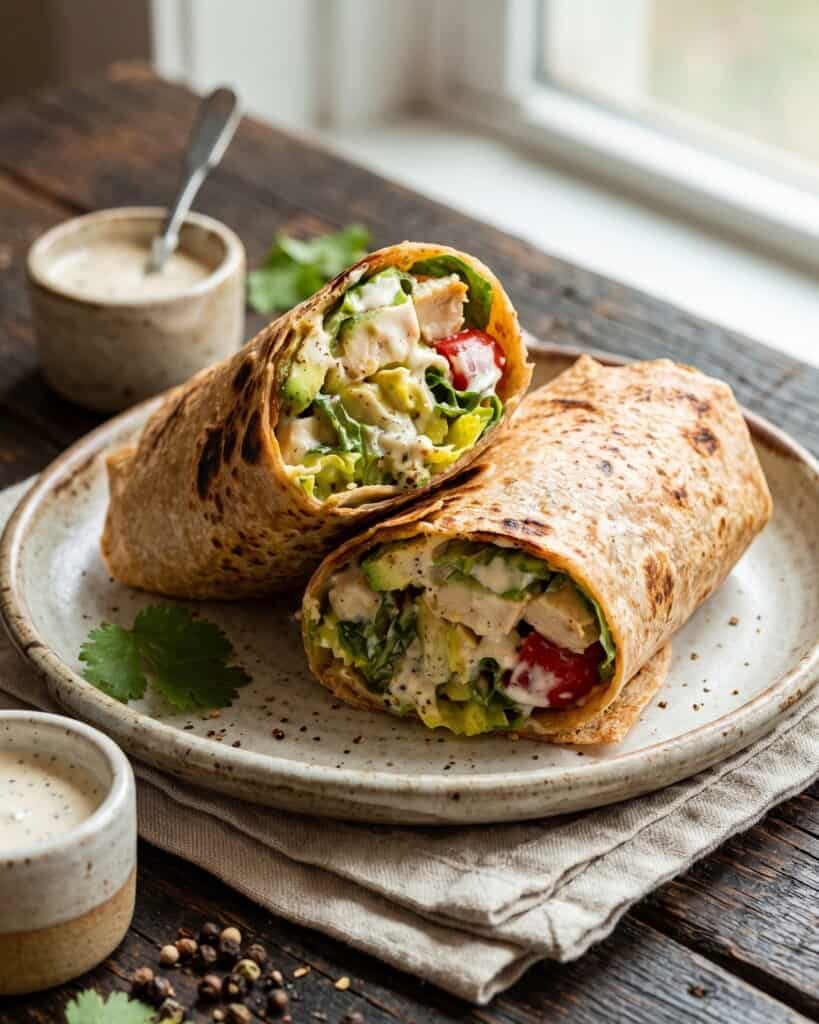 Zwei halbierte Hähnchen-Wraps, gefüllt mit Hähnchenbrust, frischem Gemüse und cremiger Soße, auf einem Teller.