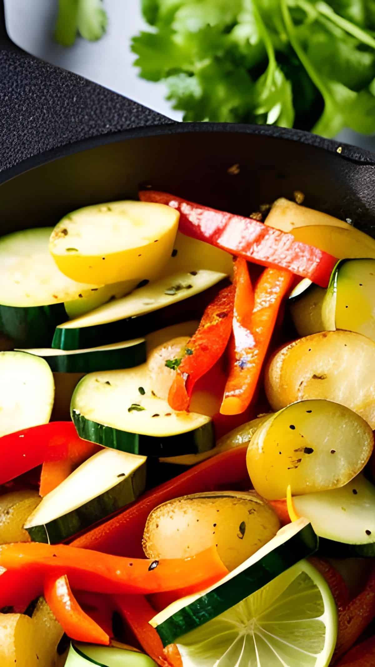 Eine Pfanne mit dem Kartoffel-Gemüsepfannen-Gericht.