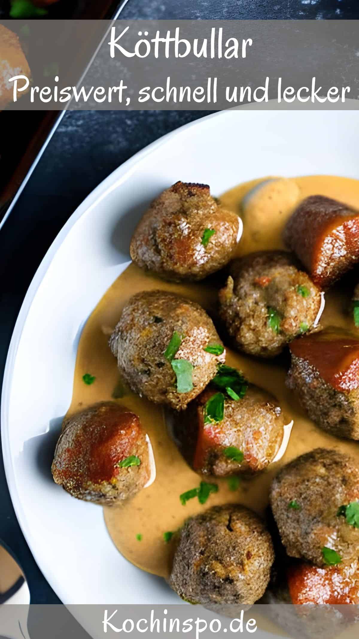 Eine Nahaufnahme von einem weissen Teller mit Köttbullar.