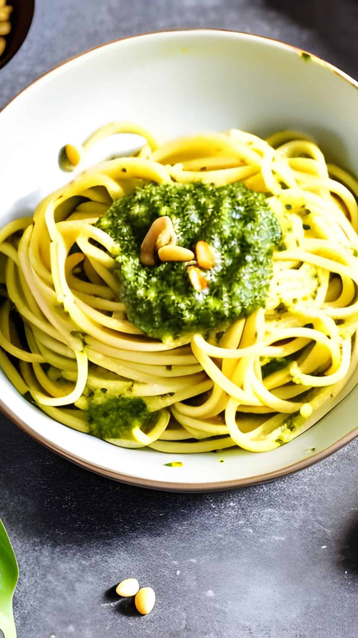 Eine Nahaufnahme von einem Teller mit Pasta mit Pesto und Pinienkernen.