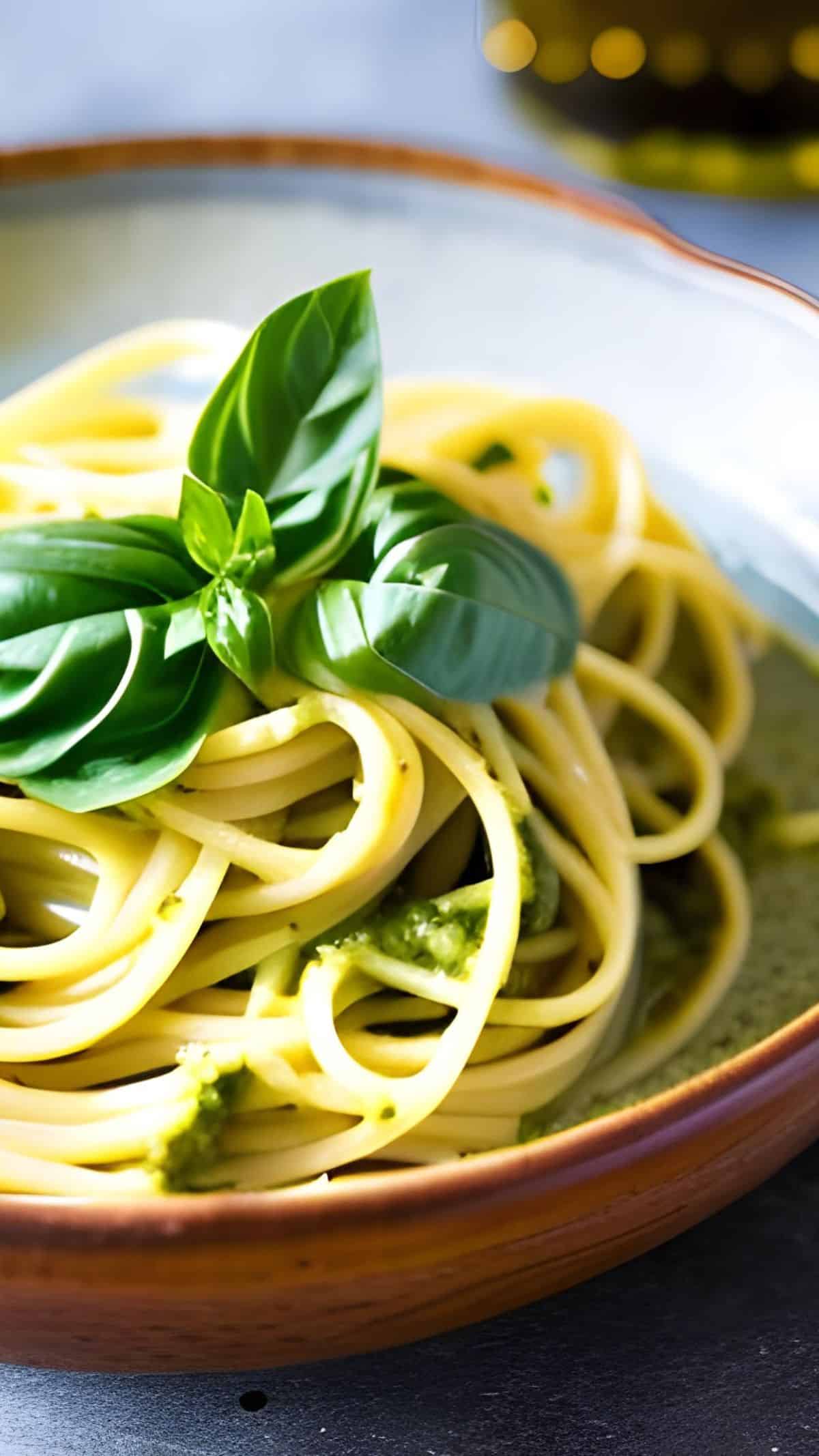 Eine Nahaufnahme von einem Teller mit Pasta mit Pesto und einem Basilikum-Blatt.