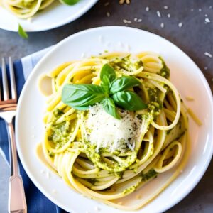 Ein weisser Teller mit Pasta mit Pesto.