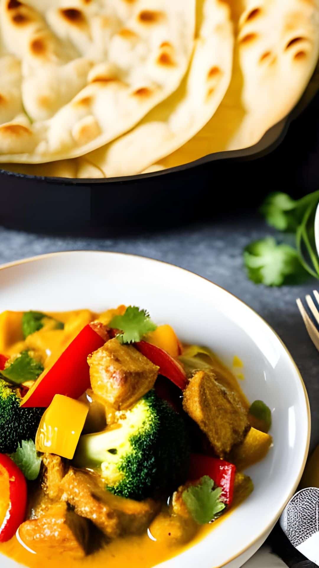 Eine weisse Schale mit Puten-Gemüse-Curry, darüber Naan-Brot.