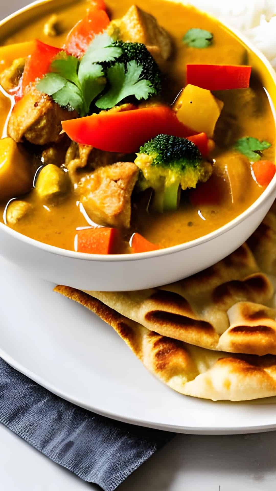 Eine weisse Schale mit Puten-Gemüse-Curry, daneben Naan-Brot.