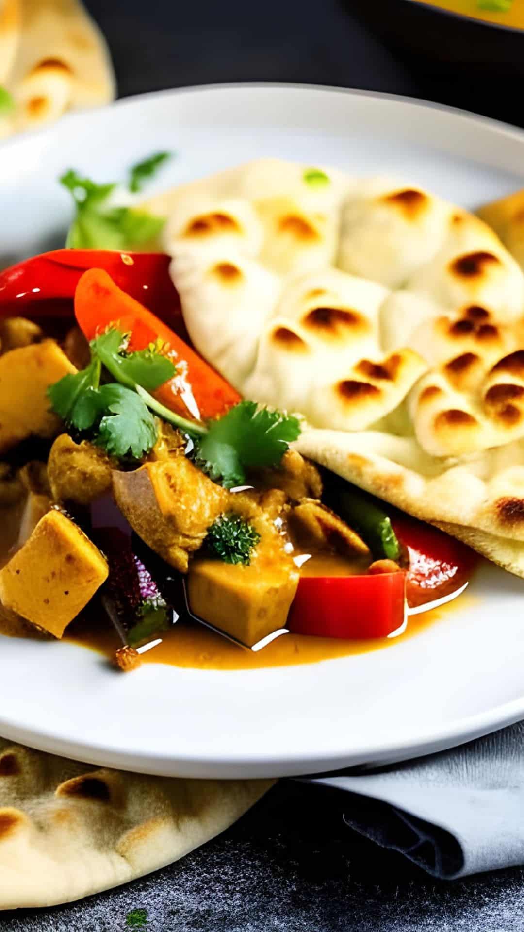 Eine weisser Teller mit Puten-Gemüse-Curry und Naan-Brot.