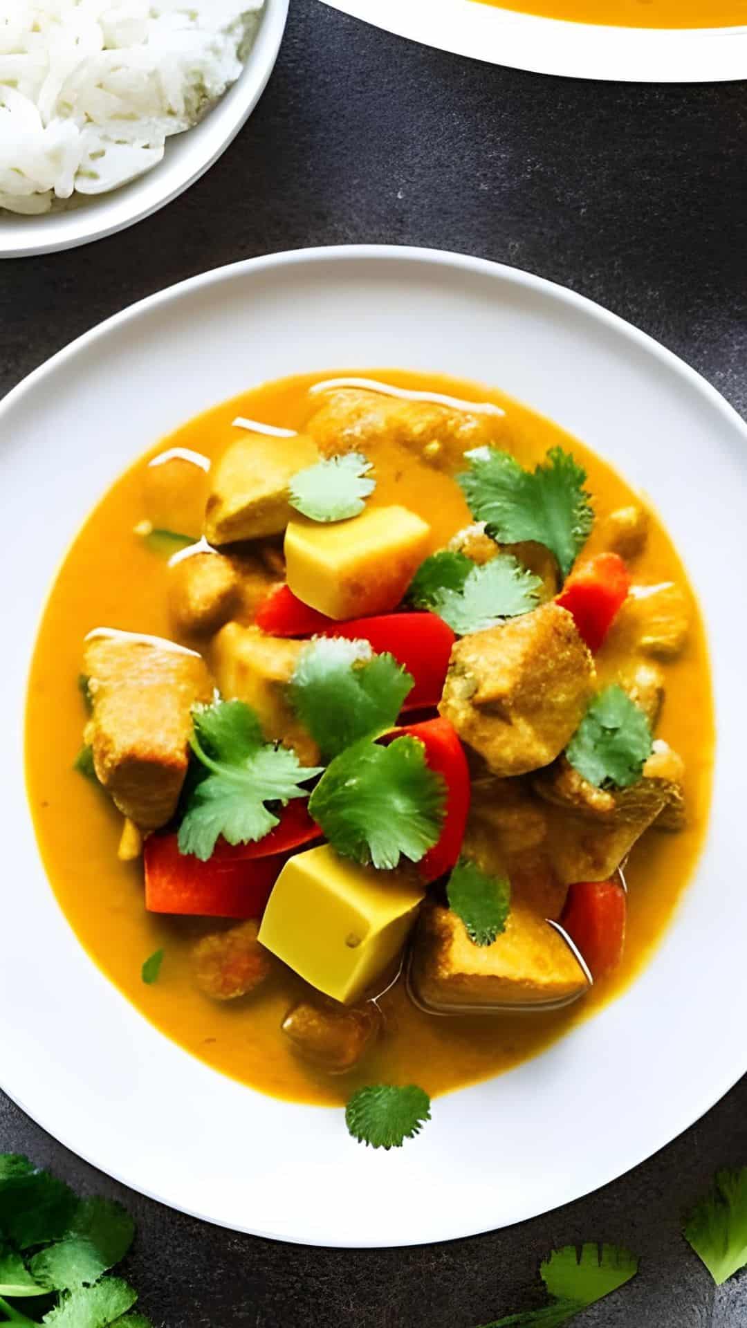 Eine weisser Teller mit Puten-Gemüse-Curry. Darüber eine Schale mit Reis.