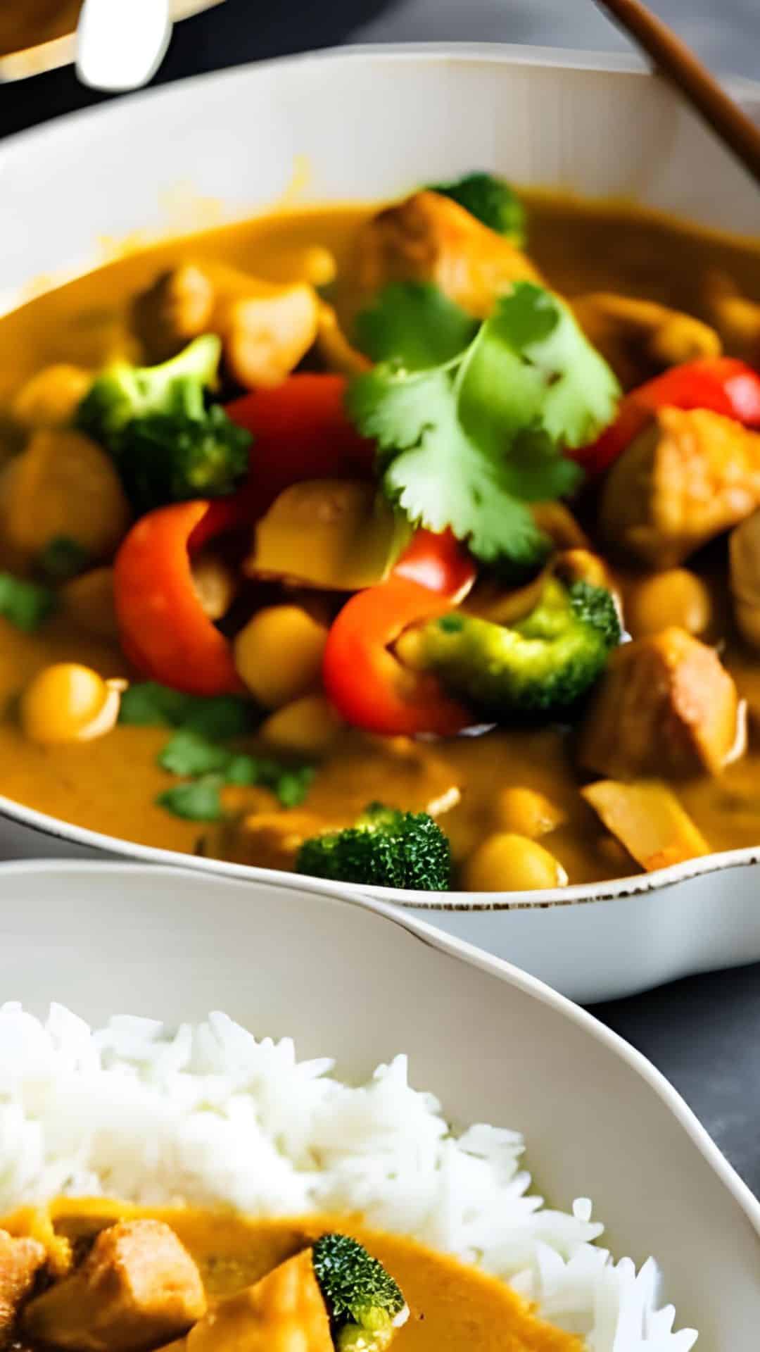 Eine weisse Schale mit Puten-Gemüse-Curry und Reis.. Darüber eine Schüssel mit Puten-Gemüse-Curry.