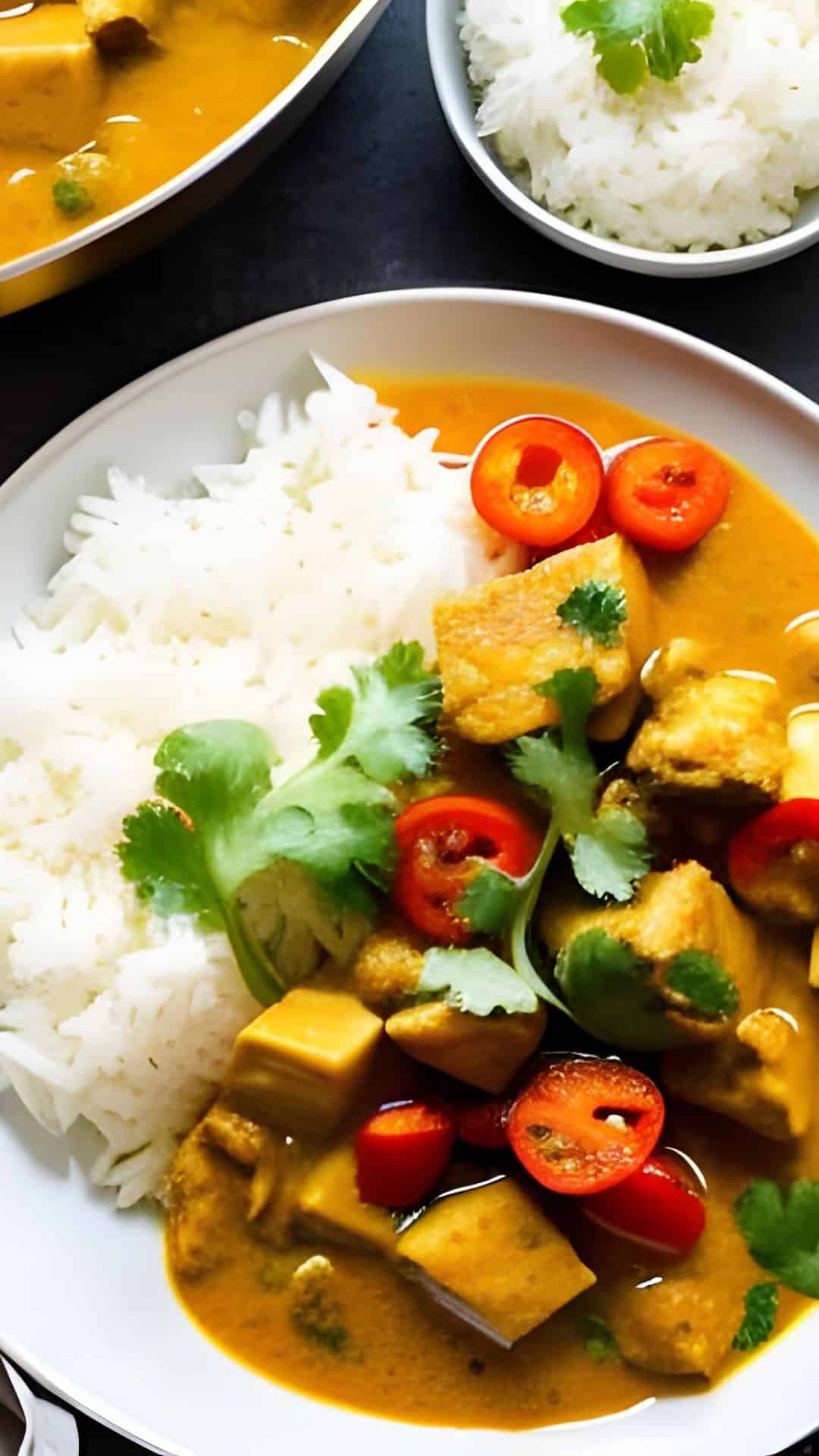 Ein weisser Teller mit Puten-Gemüse-Curry und Reis,