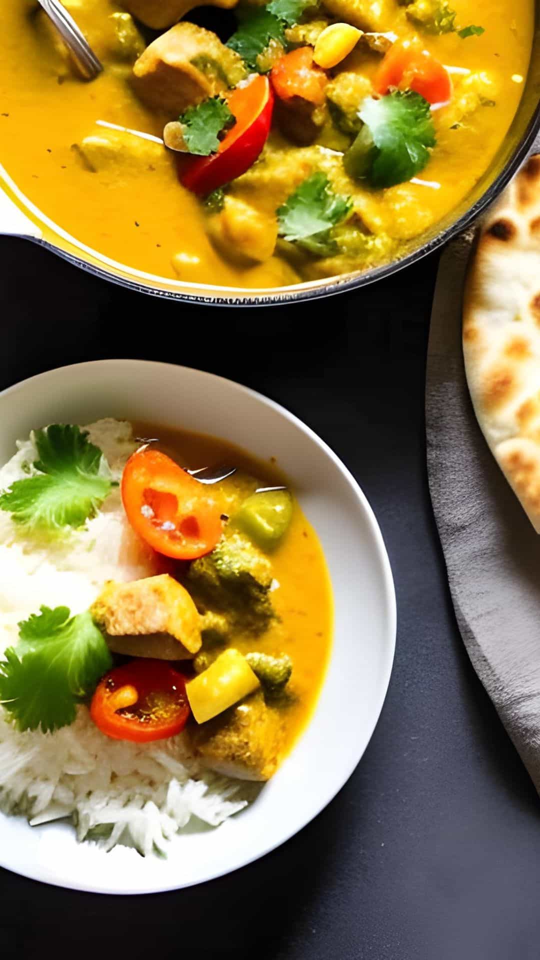 Eine weisse Schale mit Puten-Gemüse-Curry und Reis. Darüber eine Schüssel mit Puten-Gemüse-Curry und Naan-Brot.