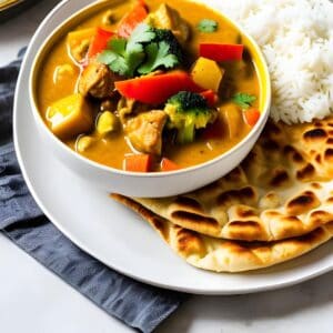 Ein weisser Servierteller mit einer Schale Puten-Gemüse-Curry, Reis und Naan-Brot.