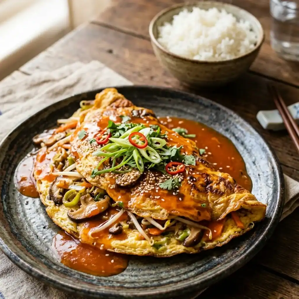 Servierfertiges asiatisches Gemüse-Omelett, übergossen mit glänzender süß-saurer Tomatensauce und bestreut mit Frühlingszwiebeln.