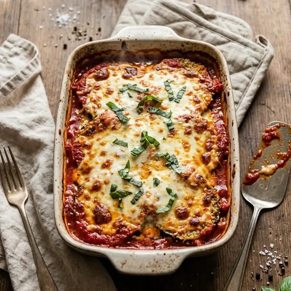 Frisch gebackener Auberginen-Auflauf mit geschmolzener, goldbrauner Mozzarella-Parmesan-Kruste und frischem Basilikum in einer rechteckigen Auflaufform.