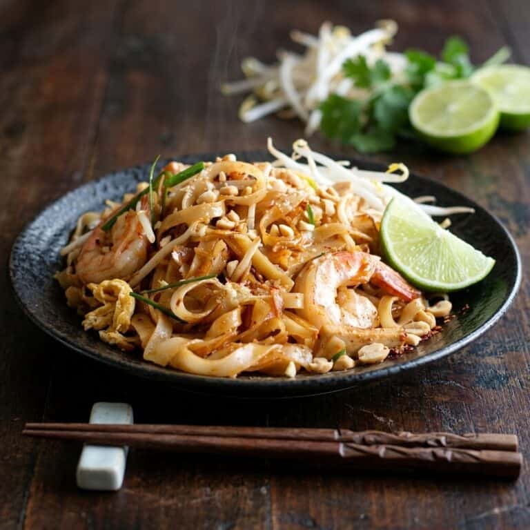 Frisch zubereitetes Gericht: Authentisches Pad Thai mit Garnelen