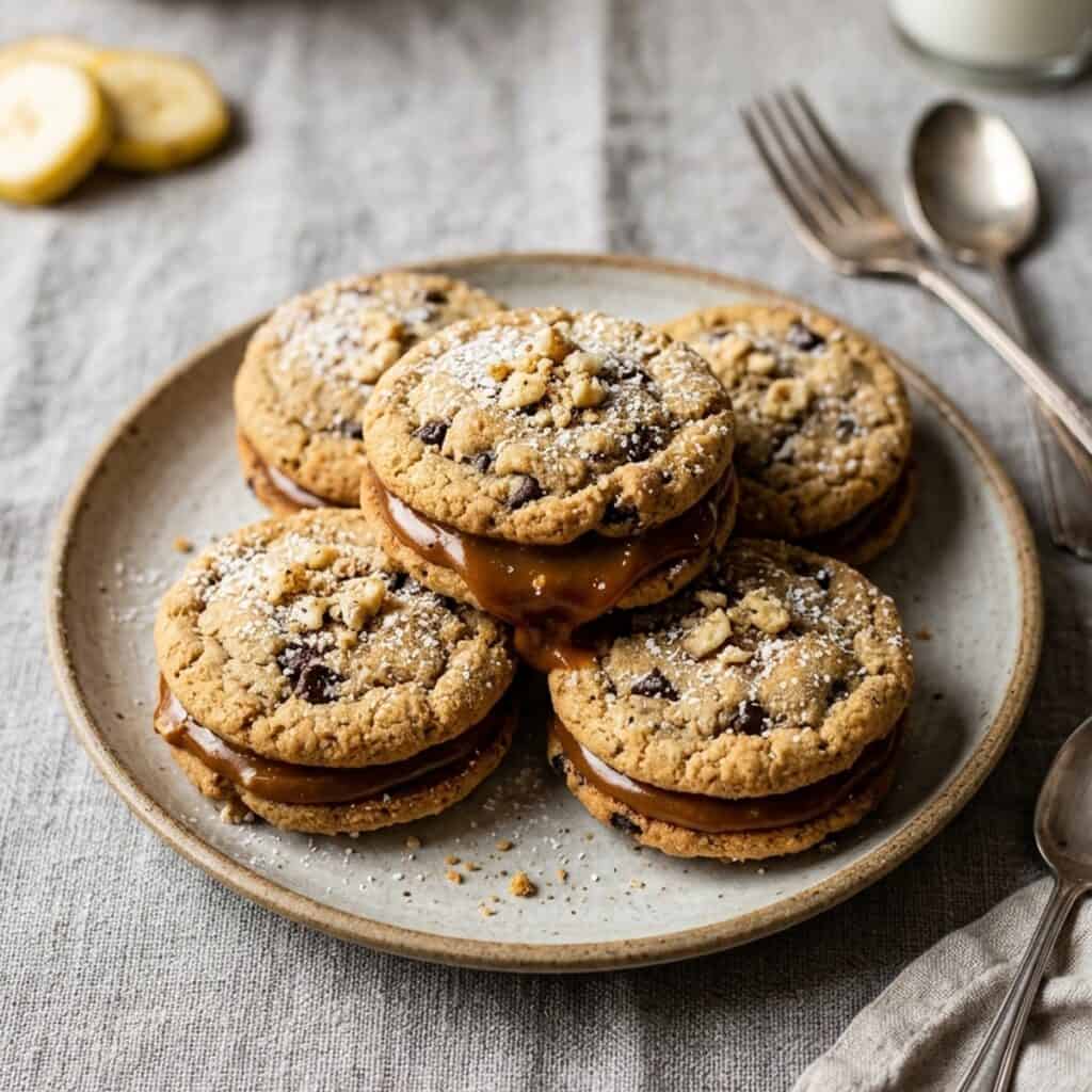 Nahaufnahme von gefüllten Bananen-Karamell-Cookies mit sichtbaren Schokodrops und hervorquellender Karamellfüllung auf Backpapier.