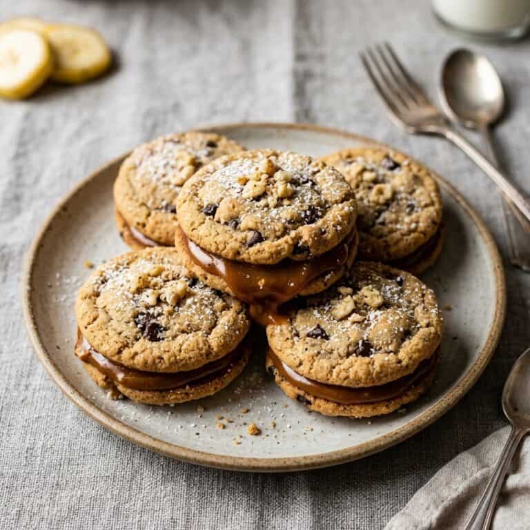 Nahaufnahme von gefüllten Bananen-Karamell-Cookies mit sichtbaren Schokodrops und hervorquellender Karamellfüllung auf Backpapier.