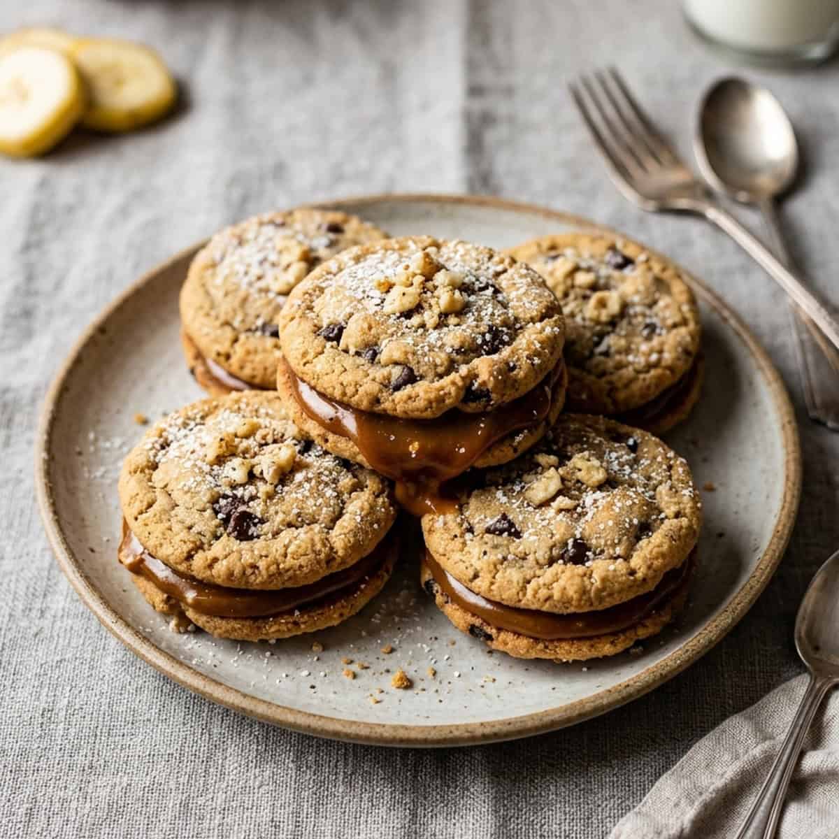 Bananen-Karamell-Doppelkekse mit Schokodrops und cremiger Füllung