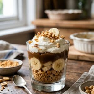 Cremiges Banoffee-Schichtdessert im Glas mit Schichten aus goldbraunen Erdnuss-Streuseln, frischen Bananenscheiben, glänzendem Karamell und fluffiger Sahnehaube.