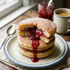 Gestapelte, zuckerbestreute Pfannkuchen mit flüssigem Himbeerkern und warmer Fruchtsoße auf einem Servierteller.