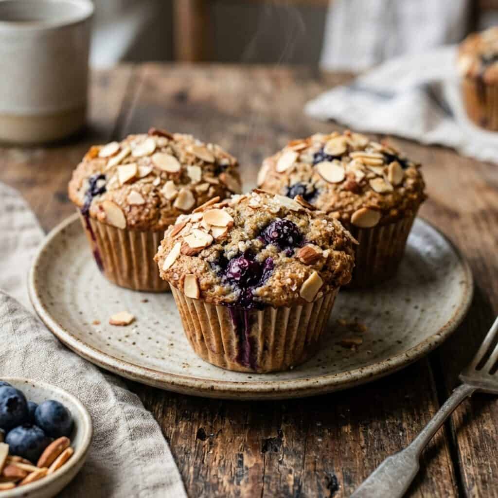 Frisch gebackene, saftige Blaubeer-Haferflocken-Muffins auf einem Kuchengitter, bestreut mit Mandelblättchen und Blaubeeren.