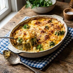 Goldgelb überbackener Blumenkohl-Brokkoli-Auflauf mit blubbernder Cheddar-Käsekruste frisch dampfend in einer rustikalen Keramikform
