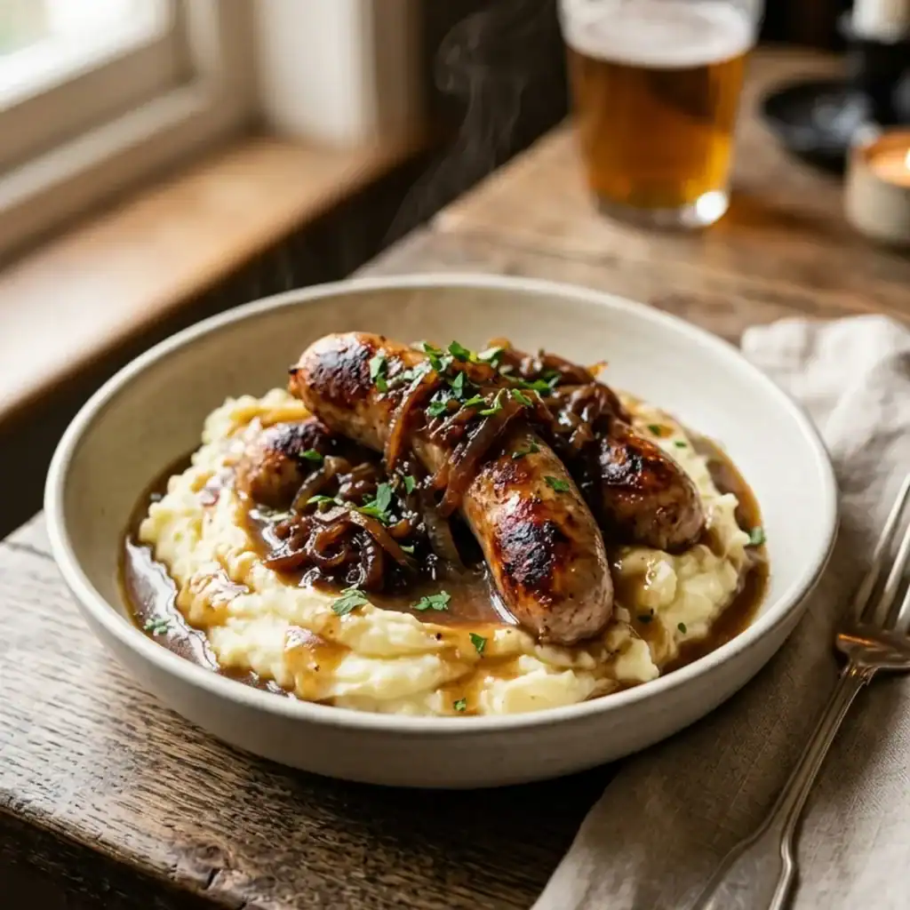 Saftig gebratene Bratwürste auf cremigem Kartoffelpüree mit geschmorten Balsamico-Zwiebeln und dunkler Bratensauce.
