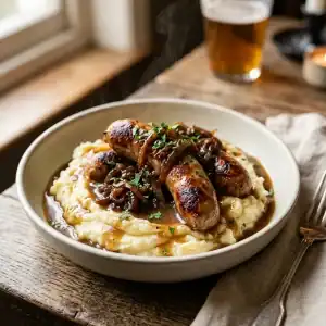 Saftig gebratene Bratwürste auf cremigem Kartoffelpüree mit geschmorten Balsamico-Zwiebeln und dunkler Bratensauce.