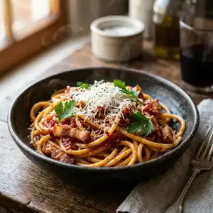 Ein tiefer Keramikteller gefüllt mit Bucatini in feiner Tomatensauce, garniert mit knusprigen Pancetta-Würfeln, geriebenem Pecorino und Petersilie.