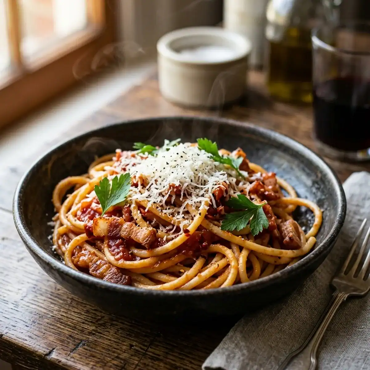 Würzige Bucatini all'Amatriciana mit knuspriger Pancetta