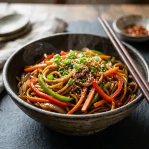 Dampfende Schale mit glänzenden Wok-Nudeln, feinen Gemüsestreifen aus Paprika und Möhren sowie frischem Schnittlauch und Sesam.