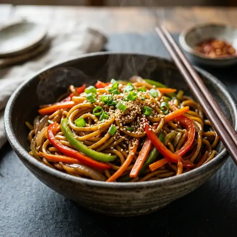 Dampfende Schale mit glänzenden Wok-Nudeln, feinen Gemüsestreifen aus Paprika und Möhren sowie frischem Schnittlauch und Sesam.