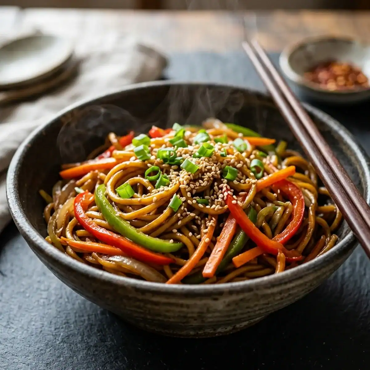 Bunte Wok-Nudeln mit Knackgemüse in feiner Ingwer-Soja-Sauce