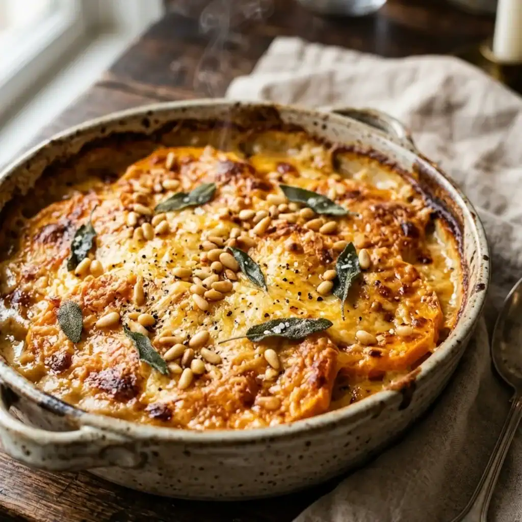 Heißes, dampfendes Kürbisgratin mit goldbraun geschmolzenem Käse und Pinienkernen in einer Keramikauflaufform.