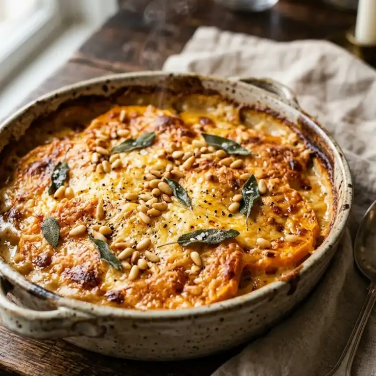Heißes, dampfendes Kürbisgratin mit goldbraun geschmolzenem Käse und Pinienkernen in einer Keramikauflaufform.