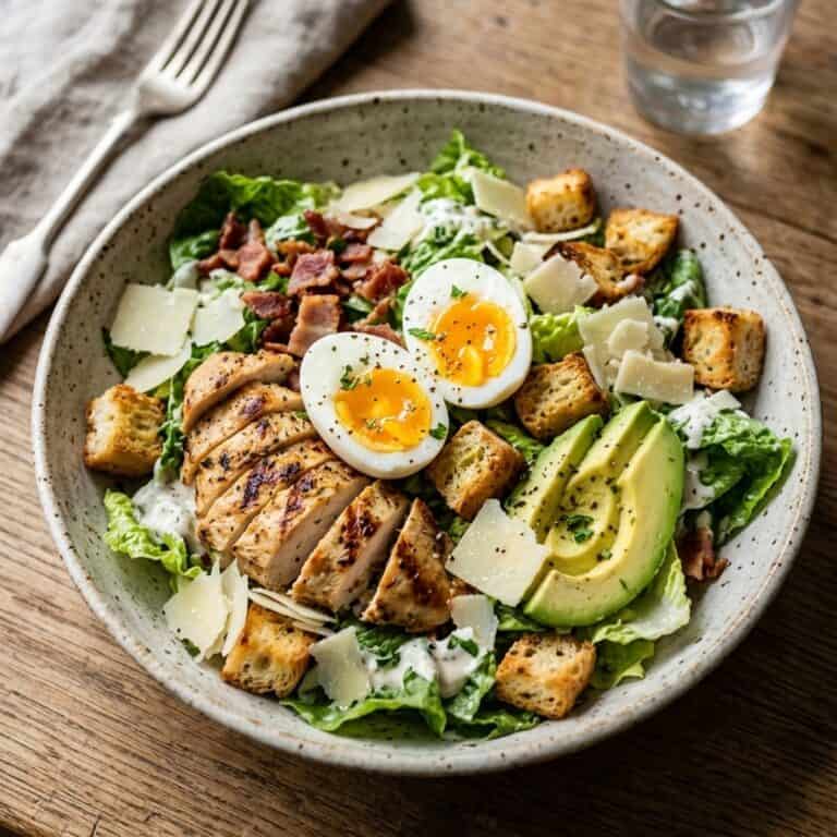 Frischer Caesar Salad mit goldbraun gebratenen Hähnchenbruststreifen, Avocadoscheiben, halbierten Eiern und Parmesanspänen in einer flachen Schale.