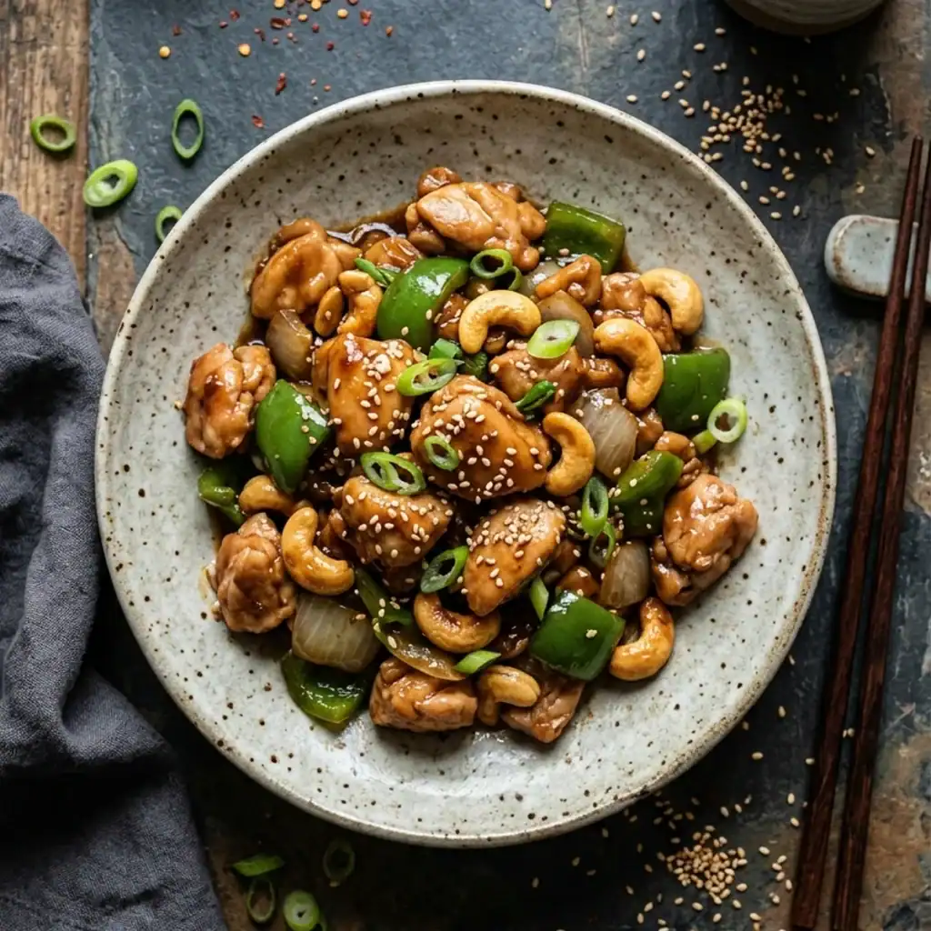 Dunkel glasierte Hähnchenstücke mit grüner Paprika und gerösteten Cashewkernen in einer rustikalen Steingutschale von oben fotografiert
