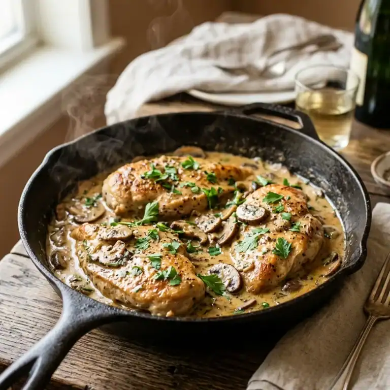 Zart angebratenes Hähnchenbrustfilet mit gebratenen Pilzen in cremiger weißer Champagnersauce, serviert in einer Gusseisenpfanne.