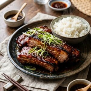 Saftig gegrillte Schweinerippchen mit glänzender, dunkelroter Char-Siu-Glasur, bestreut mit Frühlingszwiebeln auf weißem Reis.