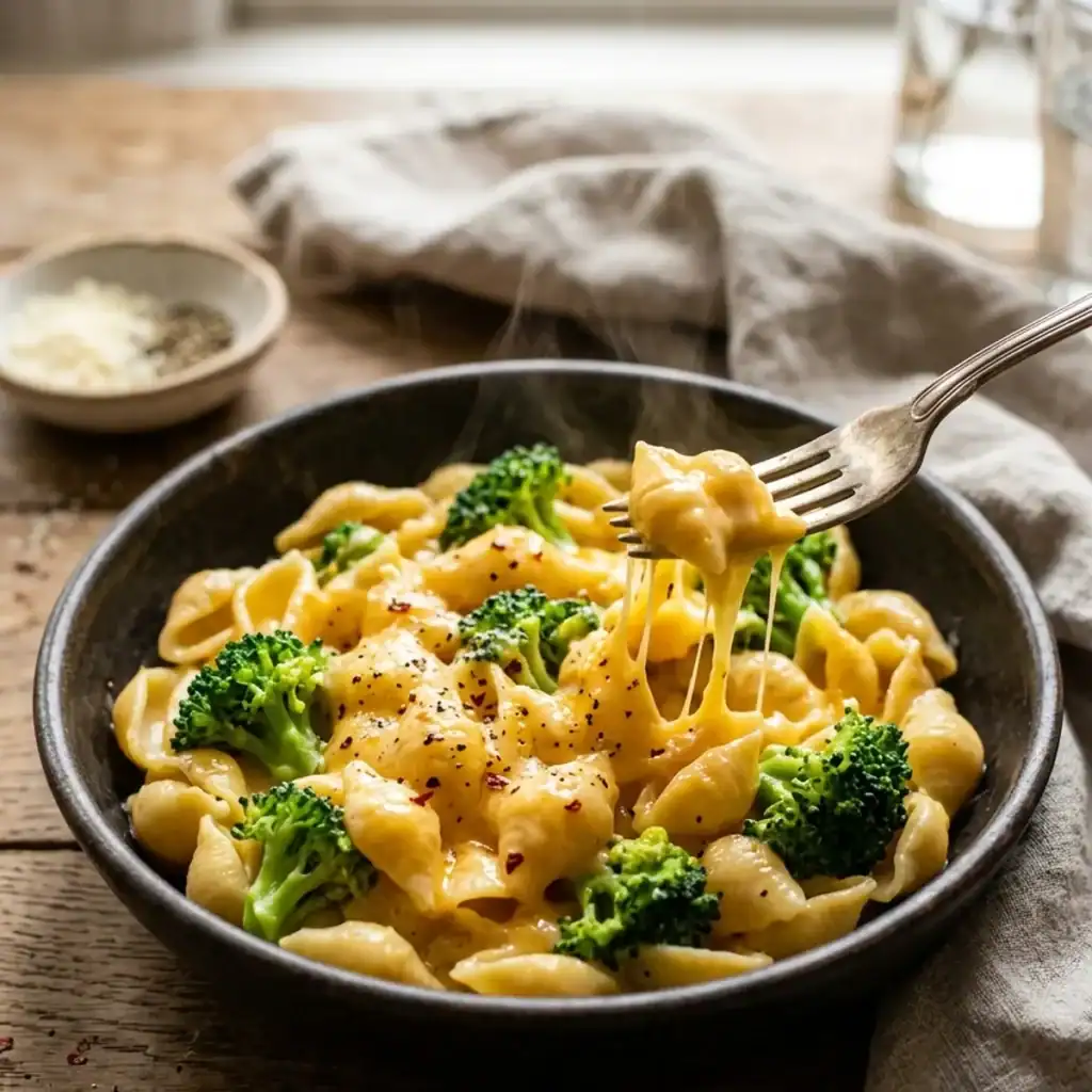 Dampfende Schale cremiger Muschelnudeln in sämiger Cheddar-Käsesauce mit zarten grünen Brokkoliröschen garniert.